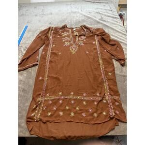 Le Saige One Size Brown Embroidered Long Ladies Tunic